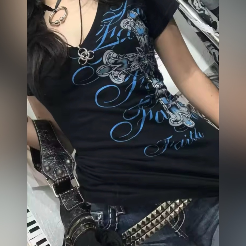 Stylish Black and Blue Gothic Graphic Women's Top